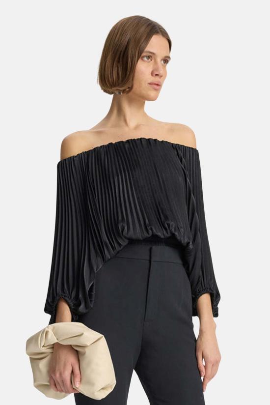  에이엘씨 블라우스 A.L.C. 시에나 새틴 플리츠 오프숄더 탑 블랙 - A.L.C.