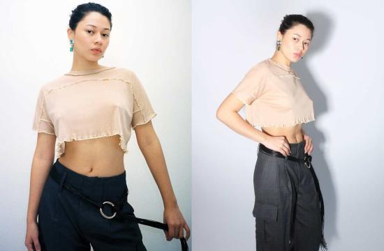  베이스레인지 민소매 티셔츠 로지 카멜 선 크롭 티 화이트 - BASERANGE
