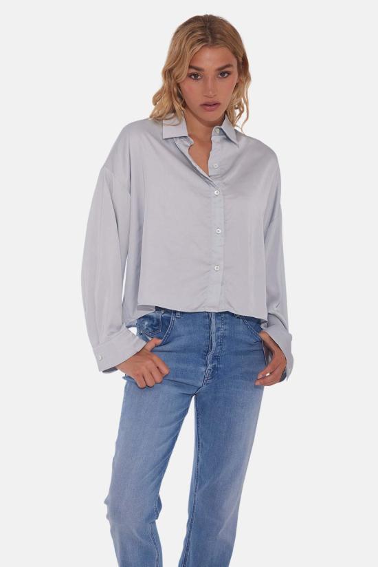  The Tile Club 후드 티셔츠 타일 클럽 로라 크롭 새틴 셔츠 실버 블루 - THE TILE CLUB