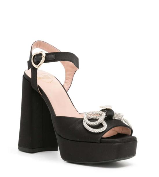  모스키노 샌들 Love Moschino 여성용 새틴 라인스톤 보우 블록 힐  블랙