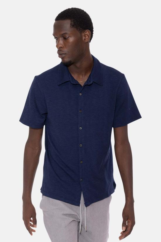  Blue&Cream 반팔 셔츠 블루&크림 반팔 버튼다운 슬럽 저지 네이비 - BLUE&CREAM