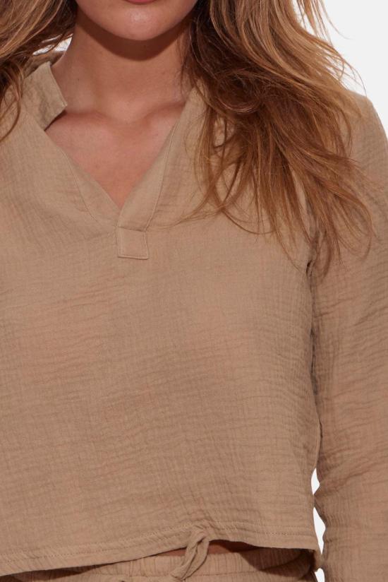  블루&크림 블라우스 캐시 거즈 폴로 탑 샌드 - BLUE&CREAM