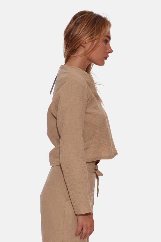  블루&크림 블라우스 캐시 거즈 폴로 탑 샌드 - BLUE&CREAM