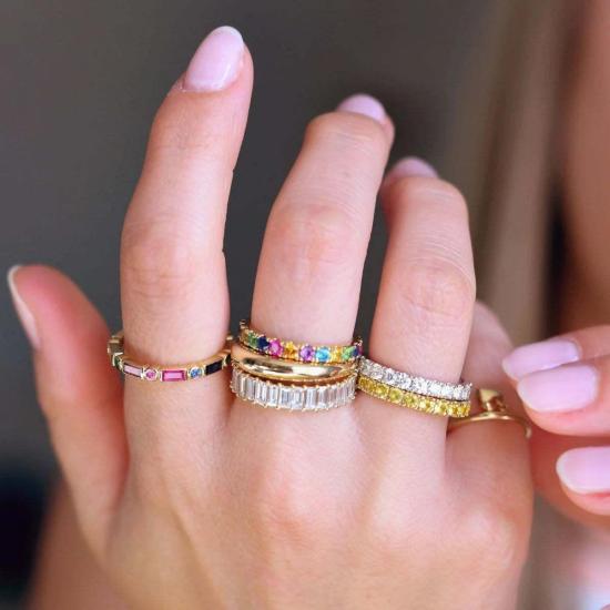  에리네스 반지 레인보우 베젤 세트 라운드 앤 바게트 링 - ERINESS