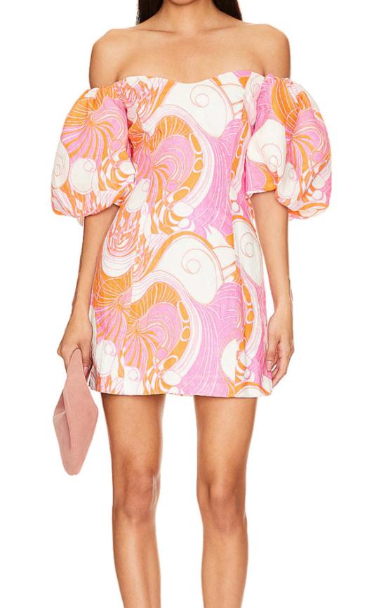  로드 숏 원피스 리조트 달리 퍼프 슬리브 미니 드레스 핑크 데코 서프 - RHODE