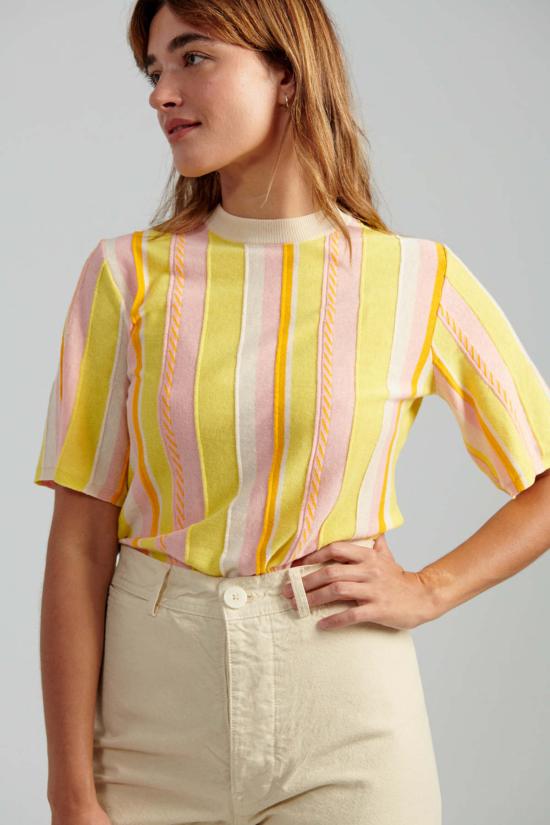  로데브예 반팔 티셔츠 Rodebjer Modulo 스트라이프 니트 탑 라임 - RODEBJER