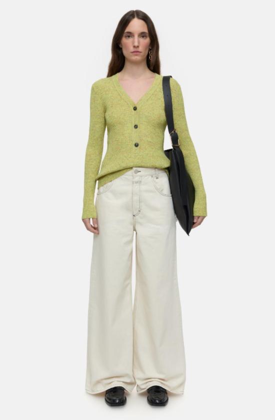  클로즈드 가디건 무랭 V넥 헨리 니트 탑 옐로우