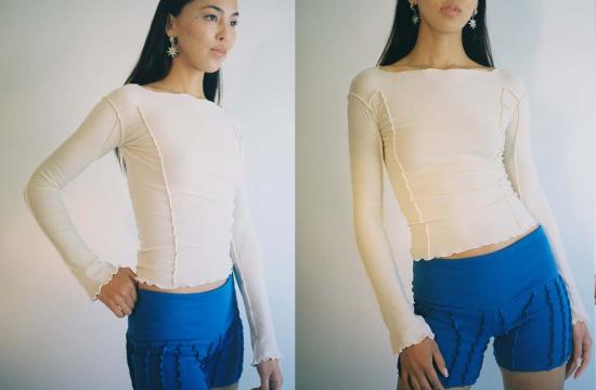  베이스레인지 긴팔 티셔츠 오마토 씨임 탑 오프 화이트 - BASERANGE