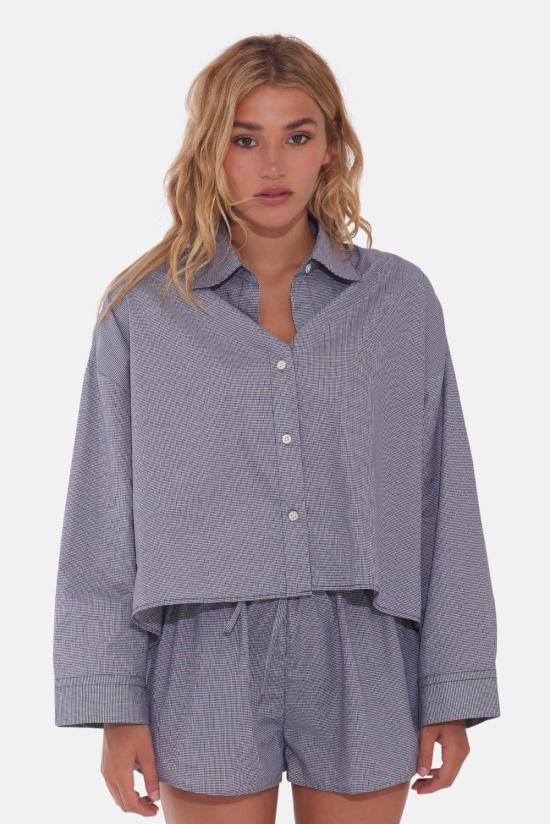  더 타일 클럽 셔츠 타일 클럽 갠셋 팝린 크롭 셔츠 블랙 깅엄 - THE TILE CLUB