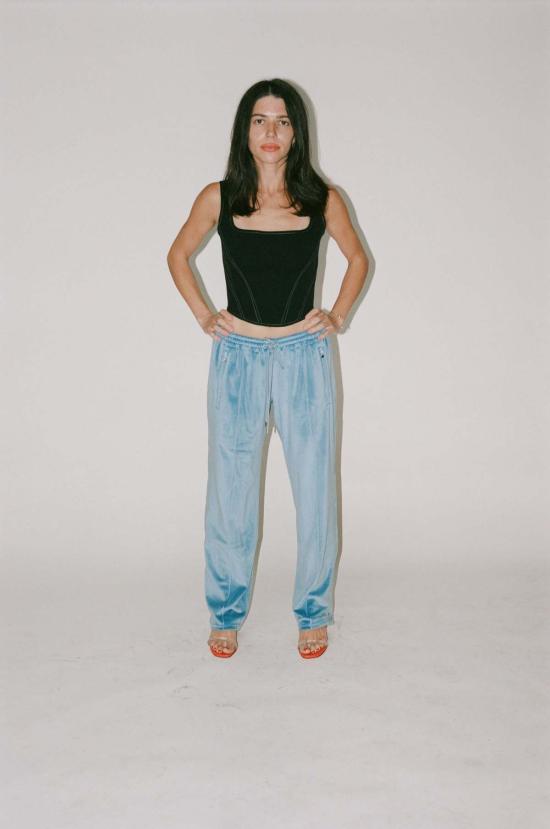  프리스카베라 스트레이트 팬츠 벨루어 트랙 팬츠 더스티 블루