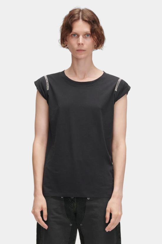  레이첼 코미 민소매 티셔츠 마일스 크로셰 저지 티 블랙