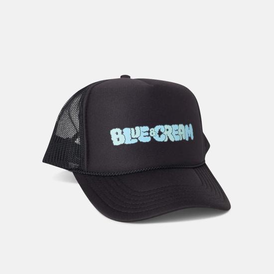  블루&크림 볼캡 버블 로고 메시 트러커 햇 블랙