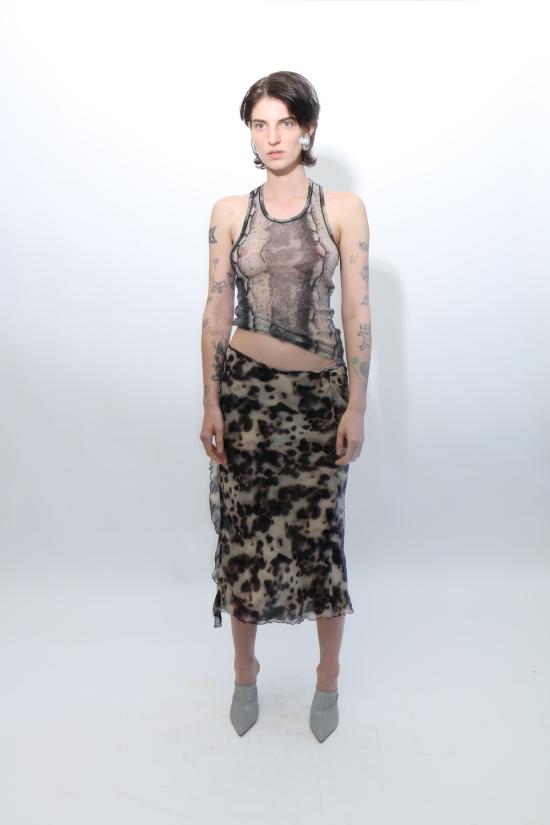  프리스카베라 미디 스커트 토터스 슬릿 스커트 프린트 - PRISCAVERA