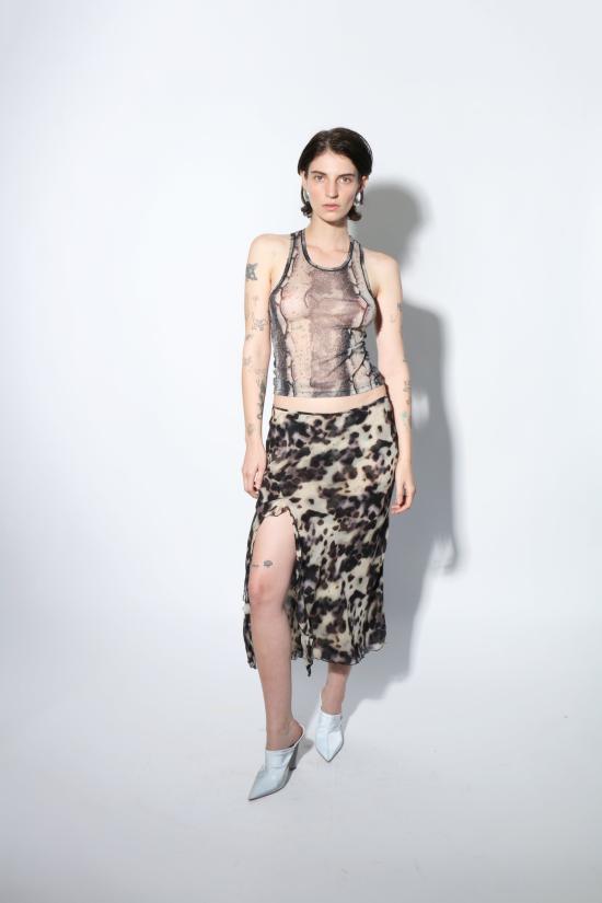  프리스카베라 미디 스커트 토터스 슬릿 스커트 프린트 - PRISCAVERA