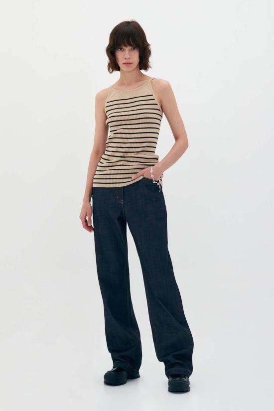  로우클래식 민소매 티셔츠 로우 클래식 슬리브리스 니트 홀터 베이지 스트라이프 - LOW CLASSIC