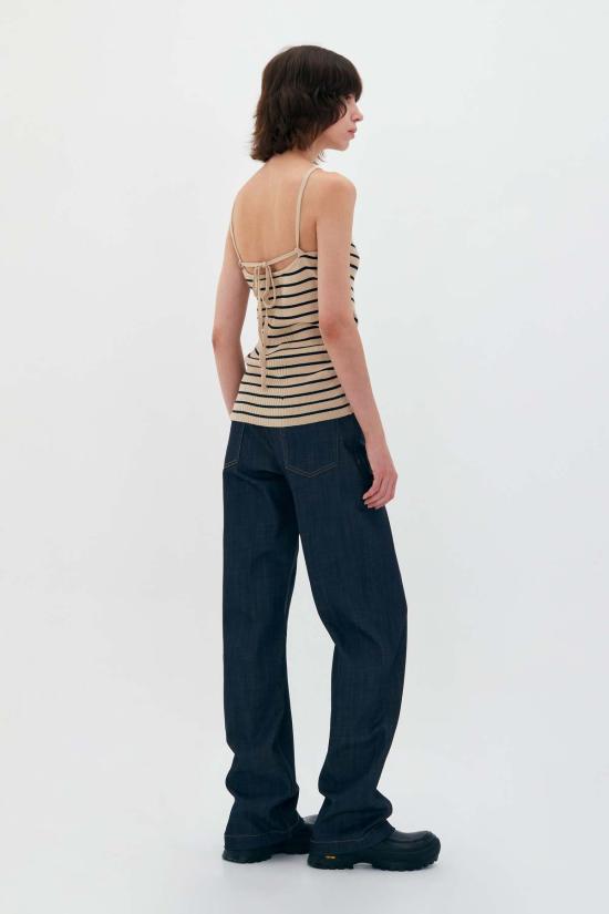  로우클래식 민소매 티셔츠 로우 클래식 슬리브리스 니트 홀터 베이지 스트라이프 - LOW CLASSIC