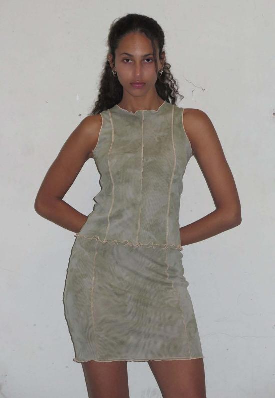  퍼머넌트 베케이션 미디 스커트 모스 스커트 세이지 그린 타이 다이 - PERMANENT VACATION