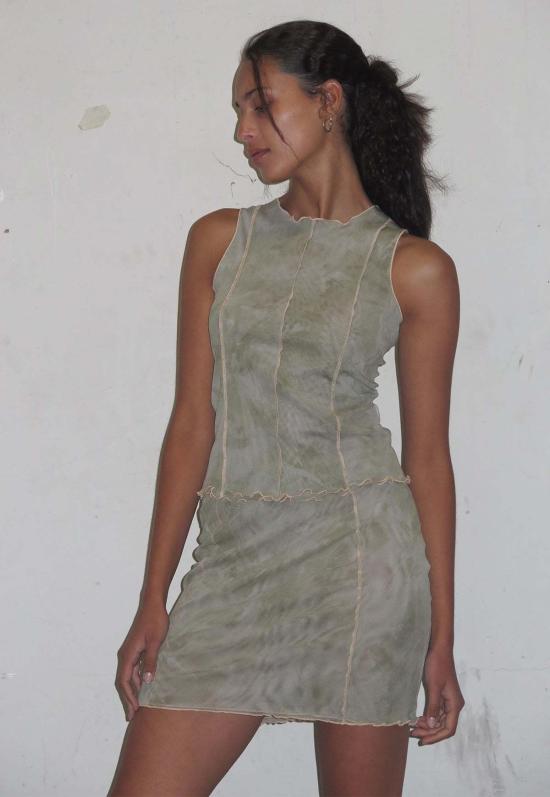  퍼머넌트 베케이션 미디 스커트 모스 스커트 세이지 그린 타이 다이