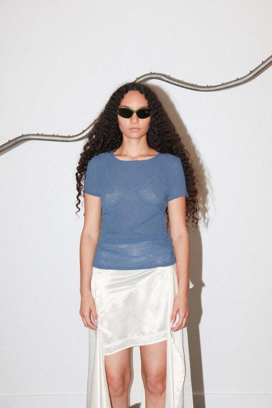  케이코 반팔 티셔츠 Kk Co 거즈 러칭 티 네이비 - KKCO