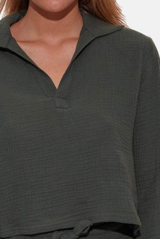  블루&크림 블라우스 블루 앤 크림 캐시 거즈 폴로 탑 바질 - BLUE&CREAM