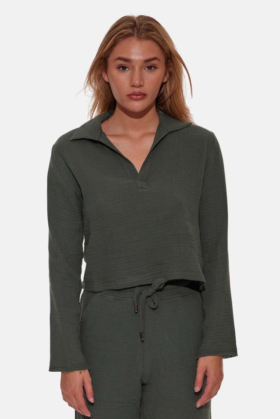  블루&크림 블라우스 블루 앤 크림 캐시 거즈 폴로 탑 바질