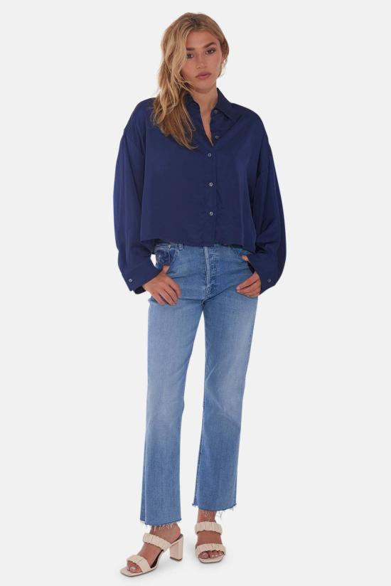  더 타일 클럽 셔츠 타일 클럽 로라 크롭 새틴 셔츠 네이비 - THE TILE CLUB