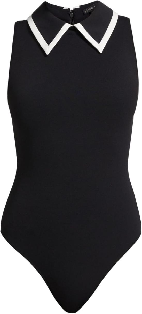  앨리스 앤 올리비아 민소매 티셔츠 앨리스 + 올리비아 로시 슬리브리스 칼라 바디수트 블랙/오프 화이트