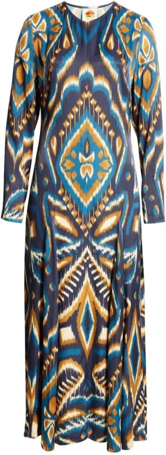  팜 리오 숏 원피스 롱슬리브 새틴 맥시 드레스 파인애플 이캇 블루