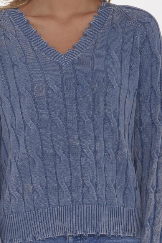  Blue&Cream 스웨터 블루&크림 스톤워시 프레이드 디스트레스드 케이블 V넥 프레스코 블루 - BLUE&CREAM