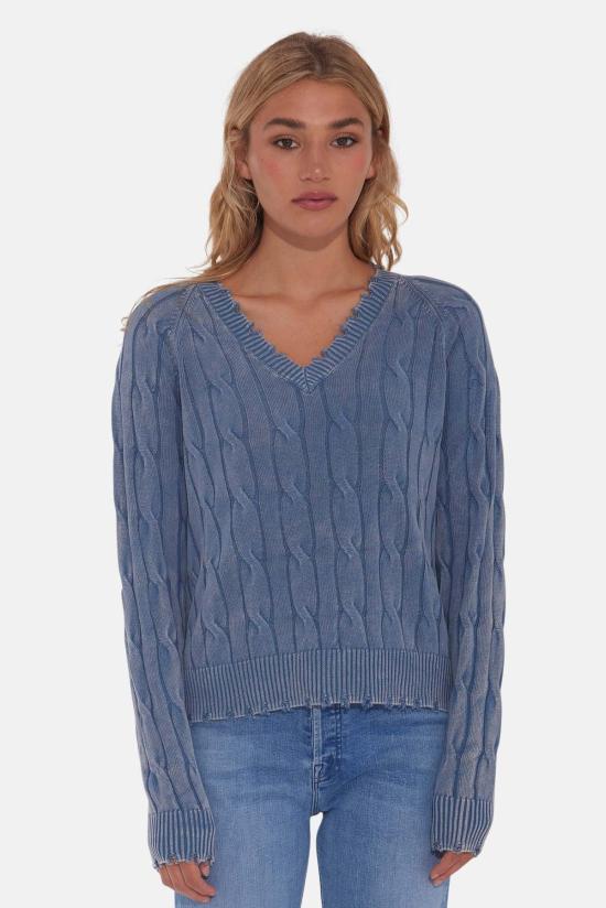 Blue&Cream 스웨터 블루&크림 스톤워시 프레이드 디스트레스드 케이블 V넥 프레스코 블루