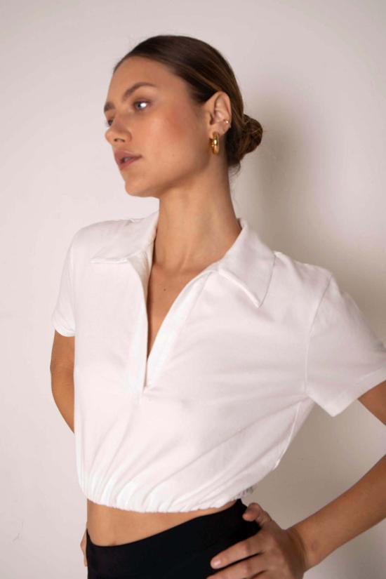  The Range 반팔 티셔츠 Range Sueded Jersey Bubble Cropped Polo White 렌지 스웨이드 저지 버블 크롭 폴로 화이트 - THE RANGE