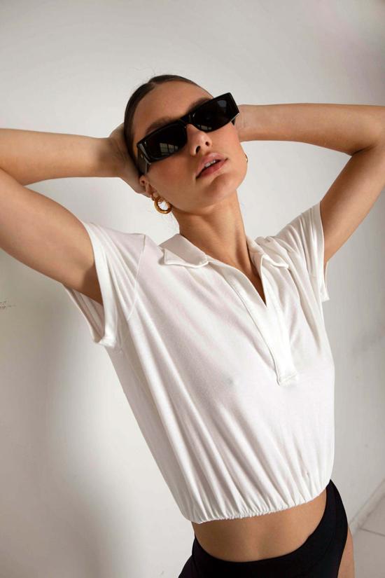  The Range 반팔 티셔츠 Range Sueded Jersey Bubble Cropped Polo White 렌지 스웨이드 저지 버블 크롭 폴로 화이트 - THE RANGE