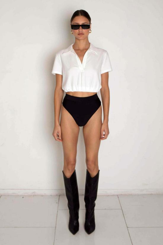  The Range 반팔 티셔츠 Range Sueded Jersey Bubble Cropped Polo White 렌지 스웨이드 저지 버블 크롭 폴로 화이트 - THE RANGE