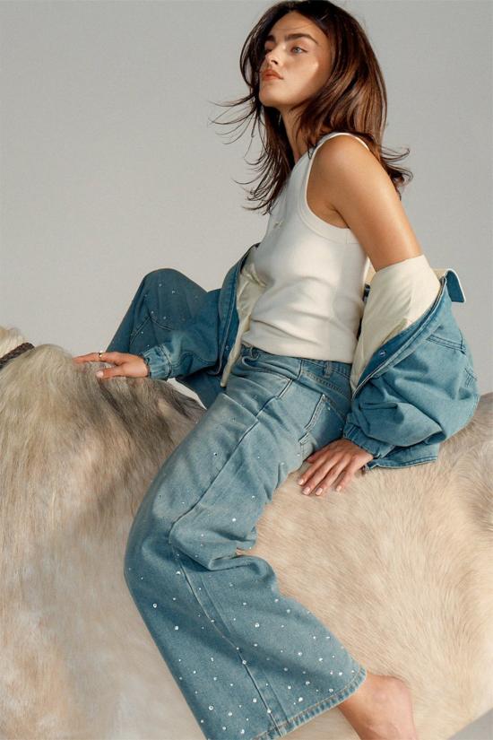  하우스오브써니 데님 팬츠 하우스 오브 서니 크리스털라이즈드 와이드 레그 데님 스카이 블루 - HOUSE OF SUNNY