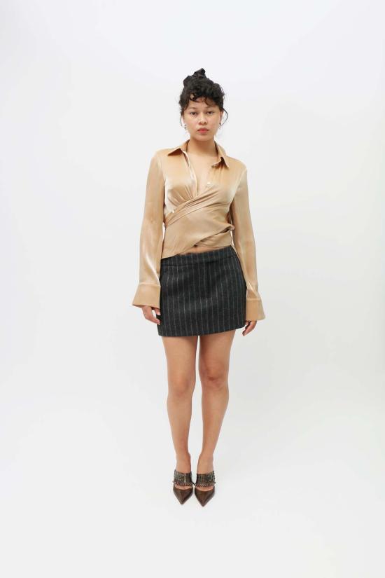  프리스카베라 블라우스 카라멜 랩 버튼 다운 크림