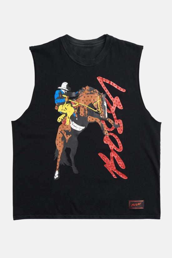  Bossi 민소매 티셔츠 카우보이 컷오프 티 블랙