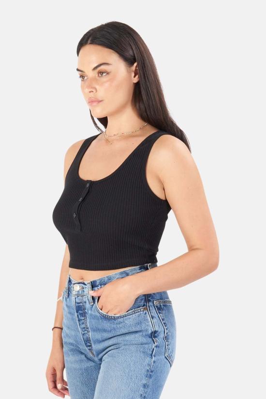  더레인지 민소매 티셔츠 레인지 점보 스타크 크롭 헨리 탱크 제트 블랙 - THE RANGE