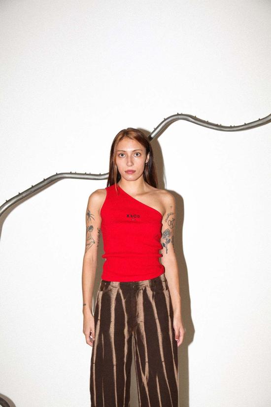  케이코 민소매 티셔츠 Kk Co 피어싱 원 숄더 리브 탱크 레드