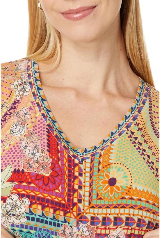  조니 와스 민소매 티셔츠 Johnny Was The Janie Favorite 반팔 V넥 티셔츠 모자이크 - JOHNNY WAS