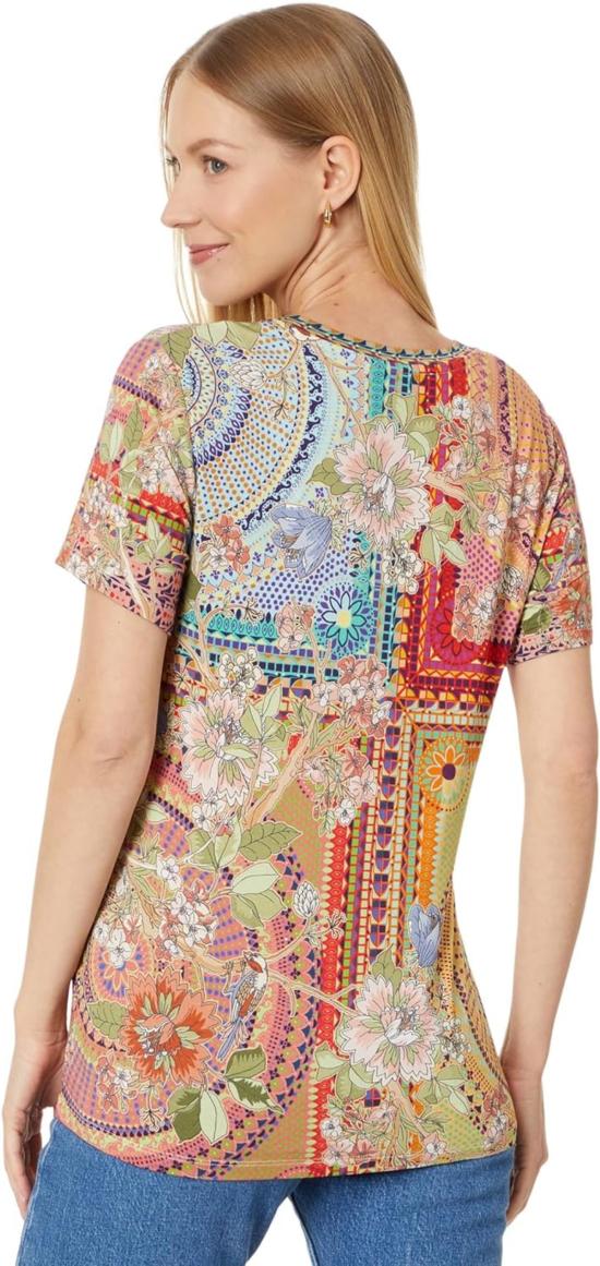  조니 와스 민소매 티셔츠 Johnny Was The Janie Favorite 반팔 V넥 티셔츠 모자이크 - JOHNNY WAS