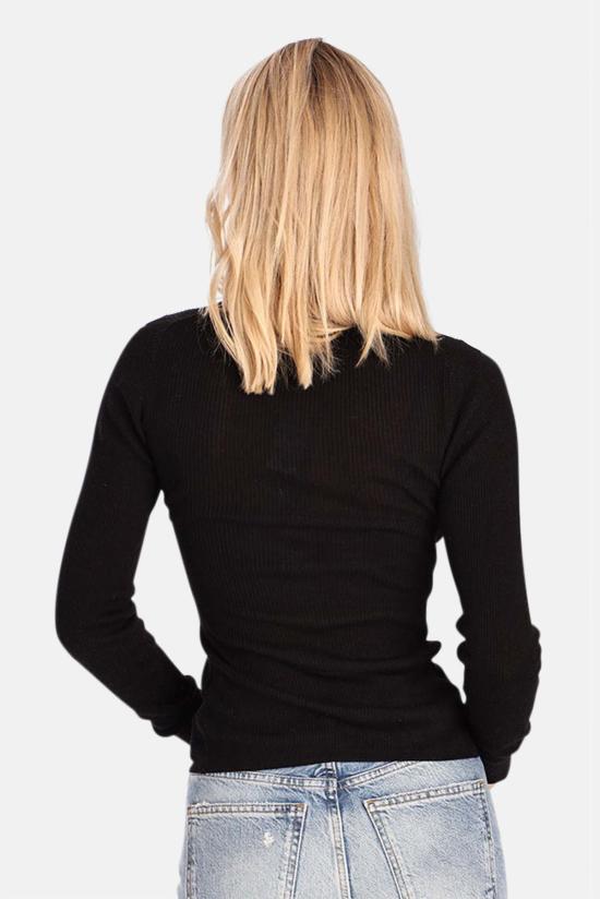  미니 로즈 긴팔 티셔츠 파인 실크/캐시미어 헨리 V넥 블랙 - MINNIE ROSE