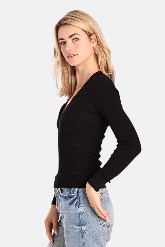  미니 로즈 긴팔 티셔츠 파인 실크/캐시미어 헨리 V넥 블랙 - MINNIE ROSE