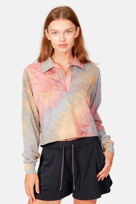  블루&크림 블라우스 아이스 다이드 롱슬리브 크롭 폴로 퍼플 콤보