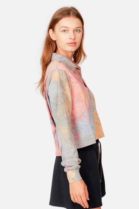  블루&크림 블라우스 아이스 다이드 롱슬리브 크롭 폴로 퍼플 콤보 - BLUE&CREAM