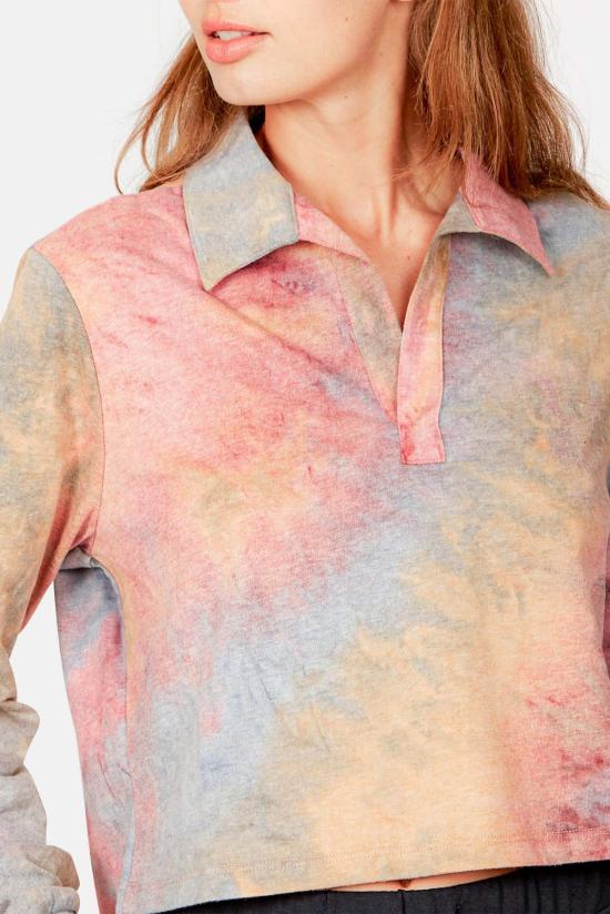  블루&크림 블라우스 아이스 다이드 롱슬리브 크롭 폴로 퍼플 콤보 - BLUE&CREAM