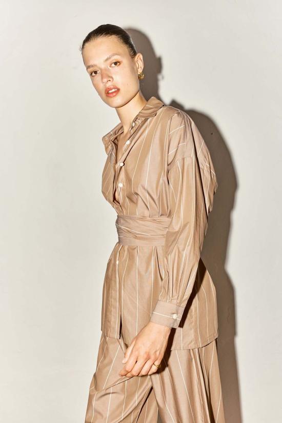  다두라 블라우스 다투라 렌 셔츠 아몬드 브라운 스트라이프 - DATURA