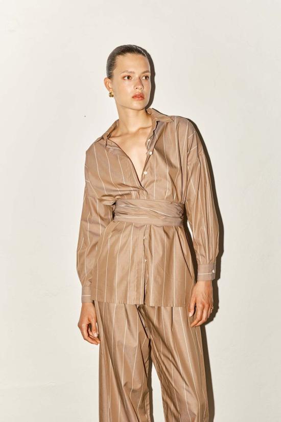  다두라 블라우스 다투라 렌 셔츠 아몬드 브라운 스트라이프