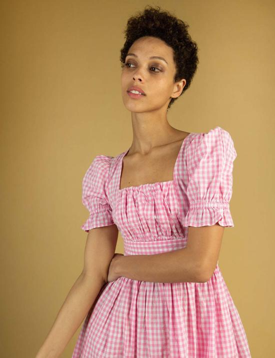  BATSHEVA 숏 원피스 바체바 팝햄 드레스 핑크 깅엄 - BATSHEVA