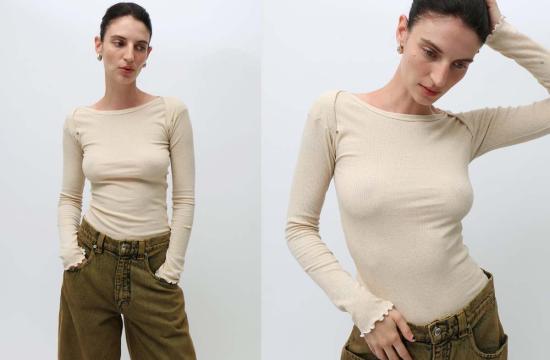  베이스레인지 긴팔 티셔츠 언다이드 디스크 롱 슬리브 탑 크림 - BASERANGE