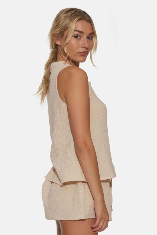  더 타일 클럽 민소매 티셔츠 타일 클럽 데본 거즈 슬리브리스 탑 내추럴 - THE TILE CLUB